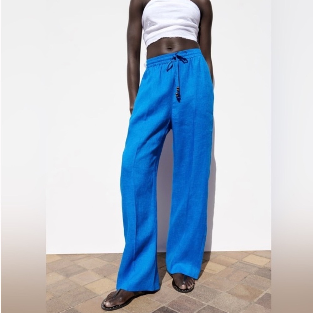 Zara Linen Trouser Pant Lightweight Vacation Cobalt Blue Medium